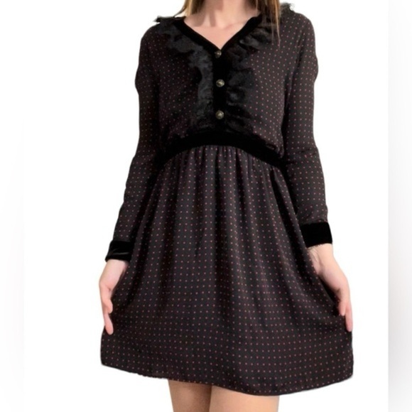 THE KOOPLES POLKA DOT BLACK RED LACE VELVET Long Sleeve DRESS - Picture 4 of 13